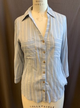Womens, Blouse, IZ BYER, Lt Blue, White, Rayon, Linen, Stripes, S, Button Front, Collar Attached, 2 Pockets, 3/4 Sleeve with Button Tabs for Roll Up