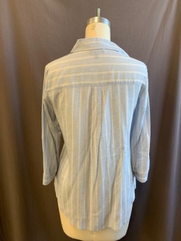 IZ BYER, Lt Blue, White, Rayon, Linen, Stripes, Button Front, Collar Attached, 2 Pockets, 3/4 Sleeve with Button Tabs for Roll Up