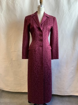 Womens, 1990s Vintage, Suit, Jacket, TAHARI, Red Burgundy, Acetate, Acrylic, Floral, B36, 6, W26, Brocade, Long Jacket, Single Breasted, Collar Attached, Notched Lapel, 2 Buttons,  2 Flap Pockets, Long Sleeves, Long Back Vent