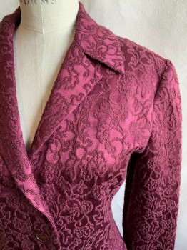 Womens, 1990s Vintage, Suit, Jacket, TAHARI, Red Burgundy, Acetate, Acrylic, Floral, B36, 6, W26, Brocade, Long Jacket, Single Breasted, Collar Attached, Notched Lapel, 2 Buttons,  2 Flap Pockets, Long Sleeves, Long Back Vent