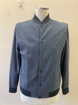 THEORY, Slate Blue, Polyester, Elastane, Heathered, Rib Knit Stand Collar, Snap Front, 2 Vertical Single Welt Pckt, Rib Knit Cuffs And Waistband,