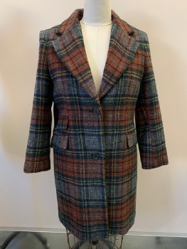 Womens, Coat, RALPH LAUREN, Red, Navy Blue, Multi-color, Synthetic, Plaid, 14, Notched Lapel, 2 Buttons, 3 Pockets, Yellow, Gray, Dark Green Colors