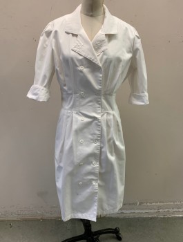 Womens, Nurses Dress, BARCO, White, Poly/Cotton, Solid, M, Twill, 3/4 Sleeves, Double Breasted Front, Notched Lapel with White Floral Embroidery, 2.5" Wide Waistband with Pleats at Either Side, Self Belt Attached in Back, Knee Length