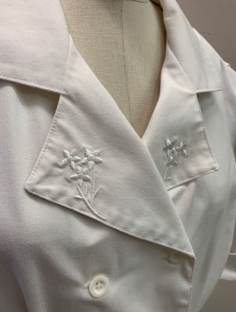 BARCO, White, Poly/Cotton, Solid, Twill, 3/4 Sleeves, Double Breasted Front, Notched Lapel with White Floral Embroidery, 2.5" Wide Waistband with Pleats at Either Side, Self Belt Attached in Back, Knee Length