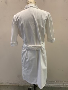 BARCO, White, Poly/Cotton, Solid, Twill, 3/4 Sleeves, Double Breasted Front, Notched Lapel with White Floral Embroidery, 2.5" Wide Waistband with Pleats at Either Side, Self Belt Attached in Back, Knee Length