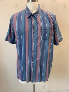 Mens, Casual Shirt, URBAN OUTFITTERS, Faded Navy, Mauve Purple, Teal Blue, Cream, White, Cotton, Stripes - Vertical , XL, Collar Attached, Button Front, Long Sleeves, 1 Chest Pocket