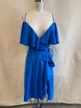 N/L, Blue, Polyester, Solid, V-N, Spaghetti Straps, Off the Shoulder Ruffle Down Bust and Skirt, Ties at Left Side