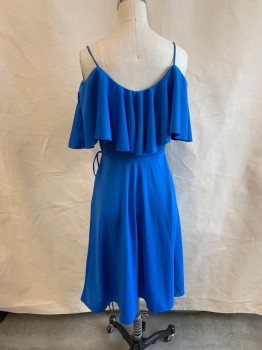 N/L, Blue, Polyester, Solid, V-N, Spaghetti Straps, Off the Shoulder Ruffle Down Bust and Skirt, Ties at Left Side