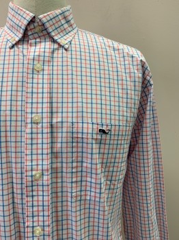 Mens, Casual Shirt, VINEYARD WINES, Red, Blue, White, Cotton, Polyester, Plaid - Tattersall, 34, 17.5, L/S, Button Front, Collar Attached, Chest Pocket,