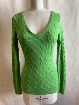 Womens, Pullover Sweater, STRAND, Lime Green, Acrylic, Cable Knit, XS, Lime Green Cable Knit, Long Sleeves, V-neck