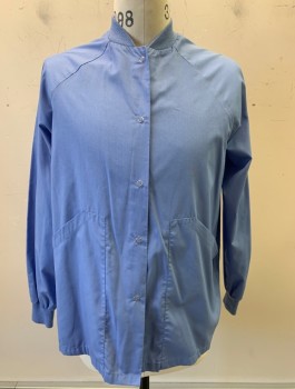 Unisex, Scrubs, Jacket Unisex, N/L, Cornflower Blue, Poly/Cotton, Solid, M, Raglan Sleeves, Snap Closures At Front, Rib Knit Collar And Cuffs, 2 Large Slanted Pockets At Front