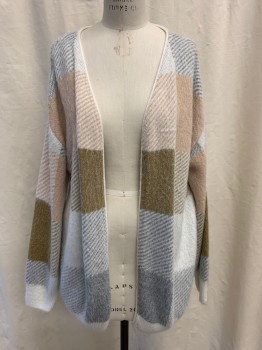 Womens, Cardigan Sweater, TOPSHOP, White, Lt Brown, Gray, Blush Pink, Wool, Plaid, M, Knit, Open Front, Long Sleeves