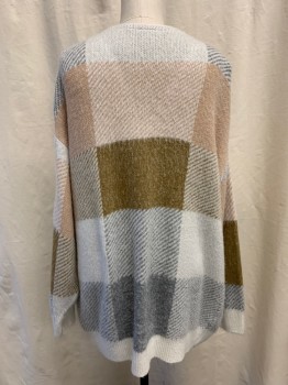 Womens, Sweater, TOPSHOP, White, Lt Brown, Gray, Blush Pink, Wool, Plaid, M, Knit, Open Front, Long Sleeves