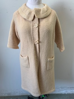 NL, Beige, Acrylic, Wool, Knit, Peter Pan Over Sized Collar, Single Breasted, Button Front, Knit Buttons, 2 Pockets