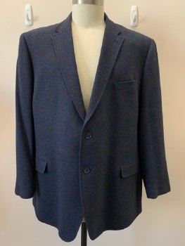 Mens, Sportcoat/Blazer, TOMMY HILFIGER, Dk Blue, Brown, Wool, Plaid-  Windowpane, 54 XL, 2 Buttons, Single Breasted, Notched Lapel, 3 Pockets