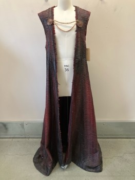 N/L, Red Burgundy, Black, Ombre, Ruched Leather Texture, Sleeveless, Gold Chains Closure, Back Patch With Stitching And Rhinestone Detail, Floor Length