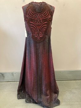 N/L, Red Burgundy, Black, Ombre, Ruched Leather Texture, Sleeveless, Gold Chains Closure, Back Patch With Stitching And Rhinestone Detail, Floor Length