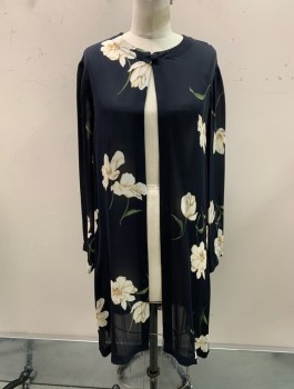 Womens, Casual Jacket, J. PETERMAN CO, Black, Cream, Silk, Floral, M, Round Neck, 1 Button At Neck, Sheer, Side Vents