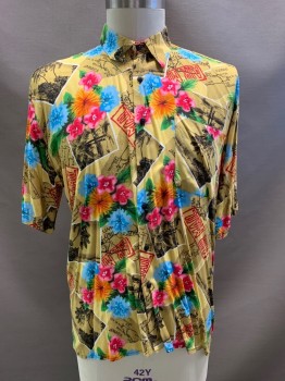 MONTICERITTI, Gold, Pink, Lt Blue, Green, Black, Rayon, Hawaiian Print, S/S, Button Front, Collar Attached, Chest Pocket