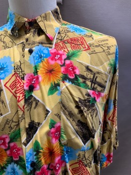 MONTICERITTI, Gold, Pink, Lt Blue, Green, Black, Rayon, Hawaiian Print, S/S, Button Front, Collar Attached, Chest Pocket