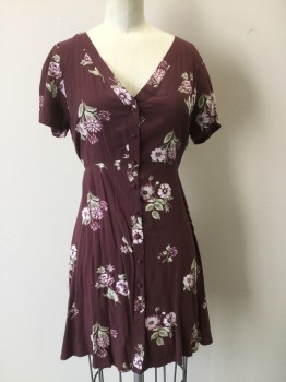 Womens, Dress, Short Sleeve, ABERCROMBIE & FITCH, Maroon Red, Olive Green, Mint Green, White, Rayon, Floral, XS, Covered Button Front, Short Sleeves, V-Neck, Hem Above Knee