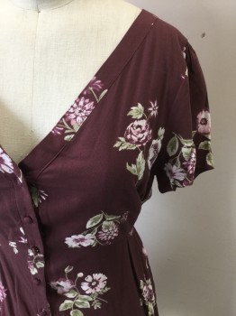 Womens, Dress, Short Sleeve, ABERCROMBIE & FITCH, Maroon Red, Olive Green, Mint Green, White, Rayon, Floral, XS, Covered Button Front, Short Sleeves, V-Neck, Hem Above Knee