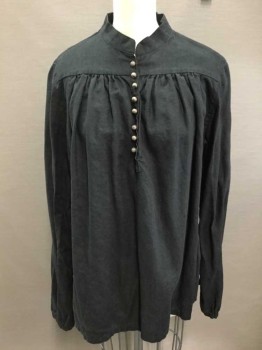 Mens, Historical Fiction Shirt, N/L, Black, Cotton, Solid, S, Long Sleeves, Band Collar,  8 Small Round Wood Buttons At Neck, Gathered At Yoke, Multiples
