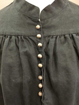 N/L, Black, Cotton, Solid, Long Sleeves, Band Collar,  8 Small Round Wood Buttons At Neck, Gathered At Yoke, Multiples