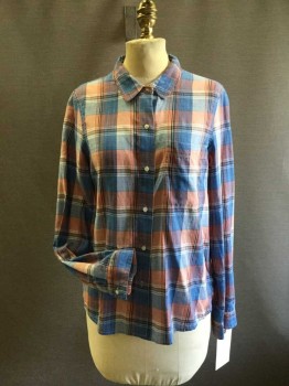 BROADWAY & BROOME, Blue, Orange, Gray, White, Cotton, Plaid, Long Sleeve Button Front, Collar Attached, 1 Pocket   **Mended At Underarm