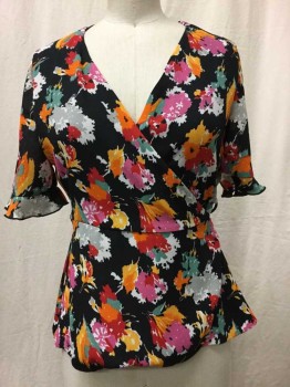 ZARA, Black, Red, Orange, Magenta Purple, Gray, Polyester, Floral, Crepe, Wrap,  Short Sleeve With Ruffle Cuff
