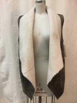 Womens, Vest, JACK, Brown, Faux Leather, Synthetic, Mottled, M, Dk Brown Mottled Faux Leather, Cream Faux Shearling Lined, Large Open Collar Attached, 2 Pockets,
