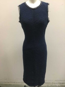 Womens, Dress, Sleeveless, REBECCA TAYLOR, Navy Blue, Cotton, Polyester, Solid, 4, Heavy Texture Weave, Sleeveless with Eyelash Trim, Round Neck with Black Chain, Center Back Zipper,