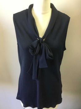 ANNE KLEIN, Navy Blue, Polyester, Solid, Sleeveless, V-neck, Tie Center Front, Pullover,