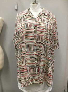 Womens, Blouse, LAURA SCOTT, Cream, Red, Black, Lt Brown, Gray, Polyester, Abstract , 26, Abstract Print, Polyester Plisse, Open Collar, Short Sleeves, Button Front,