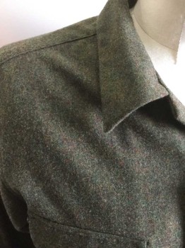 PENDLETON, Dk Green, Wool, Tweed, Green with Red/Yellow/Blue Flecks, Button Front, Collar Attached, Long Sleeves, 2 Flap Pockets