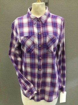 Womens, Blouse, MOSSIMO, Purple, Magenta Purple, Off White, Red Burgundy, Cotton, Plaid, M, Purple, Magenta, Burgundy and Off White Plaid, Collar Attached, Button Front, 2 Pockets, Long Sleeves,