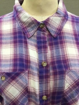Womens, Blouse, MOSSIMO, Purple, Magenta Purple, Off White, Red Burgundy, Cotton, Plaid, M, Purple, Magenta, Burgundy and Off White Plaid, Collar Attached, Button Front, 2 Pockets, Long Sleeves,