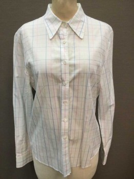 FACONNABLE, White, Lt Pink, Lt Blue, Lt Green, Cotton, Grid , White with Pastel Grid Pattern, Long Sleeve Button Front, Collar Attached