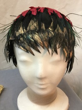 Unisex, Historical Fiction Headpiece, MTO, Red, Iridescent Black, Iridescent Green, Gold, Feathers, Novelty Pattern, Skull Hugging Feather Cap