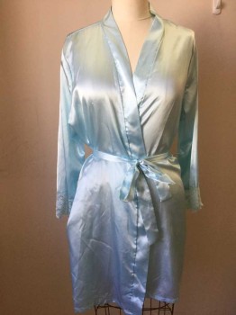 Womens, SPA Robe, MICHAEL, Lt Blue, Silk, Solid, XL, Short Robe, Long Sleeves, with Lace Cuff, Shawl Collar, Interior Self Tie, with Self Belt