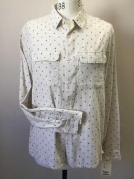 URBAN OUTFITTERS, Cream, Teal Blue, Moss Green, Cotton, Novelty Pattern, Button Front, Collar Attached, Long Sleeves, 2 Flap Pocket, Flannel