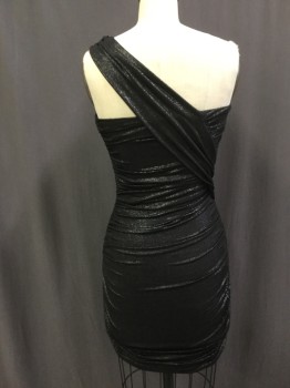 Womens, Cocktail Dress, FOREVER 21, Black, Spandex, Solid, M, Metallic, Strapless, Rouched Sides, Body Contour, Above Knee, Shoulder Sash