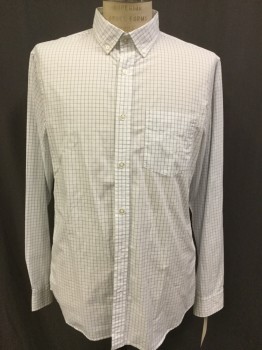Mens, Casual Shirt, BANANA REPUBLIC, White, Dusty Blue, Cotton, Grid , L, Button Front, Long Sleeves, 1 Pockets, Button Down Collar,
