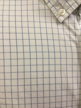 Mens, Casual Shirt, BANANA REPUBLIC, White, Dusty Blue, Cotton, Grid , L, Button Front, Long Sleeves, 1 Pockets, Button Down Collar,