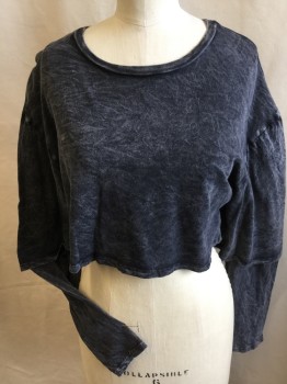 SILENCE & NOISE, Faded Black, Cotton, Solid, Stone Wash Faded Black, Round Wide Neck, Cropped, Peeping Long Sleeves,