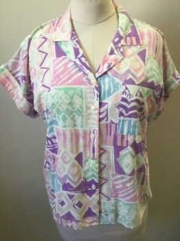 CABIN CREEK, Multi-color, Lt Pink, White, Lavender Purple, Mint Green, Cotton, Pastel Funky Geometric Pattern, Short Sleeve Button Front, Notched Collar, 1 Patch Pocket,  Rolled Sleeve Cuffs,