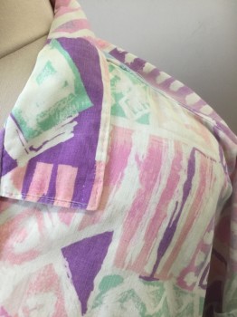 CABIN CREEK, Multi-color, Lt Pink, White, Lavender Purple, Mint Green, Cotton, Pastel Funky Geometric Pattern, Short Sleeve Button Front, Notched Collar, 1 Patch Pocket,  Rolled Sleeve Cuffs,