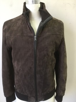 Mens, Leather Jacket, AQUA LEATHER, Espresso Brown, Leather, Solid, M, C: 40, Dark Suede, Zip Front, Rib Knit Collar/cuffs/waist Band, Slit Pockets, Stand Up Collar
