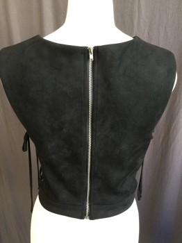 Womens, Top, 4SIZNN, Black, Polyester, Spandex, Solid, XS, Round Neck,  Sleeveless, Black Lacing Sides, Zip Back,