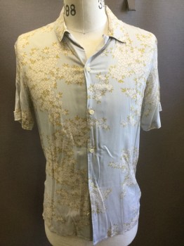 ALL SAINTS, Lt Gray, Gold, White, Viscose, Floral, Collar Attached, Button Front, Short Sleeves, Small Floral Pattern